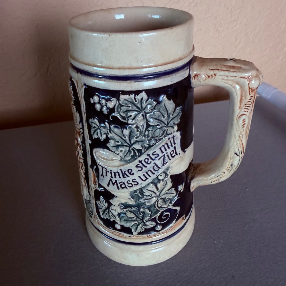 Vintage West German Beer Stein 0.5L Cobalt Blue Relief Tavern Scene Stoneware